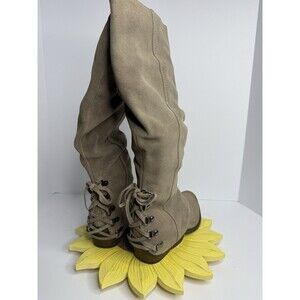 Naughty Monkey Suede Lace Back Knee High Boots Womens 7.5 Taupe Boho Prairie